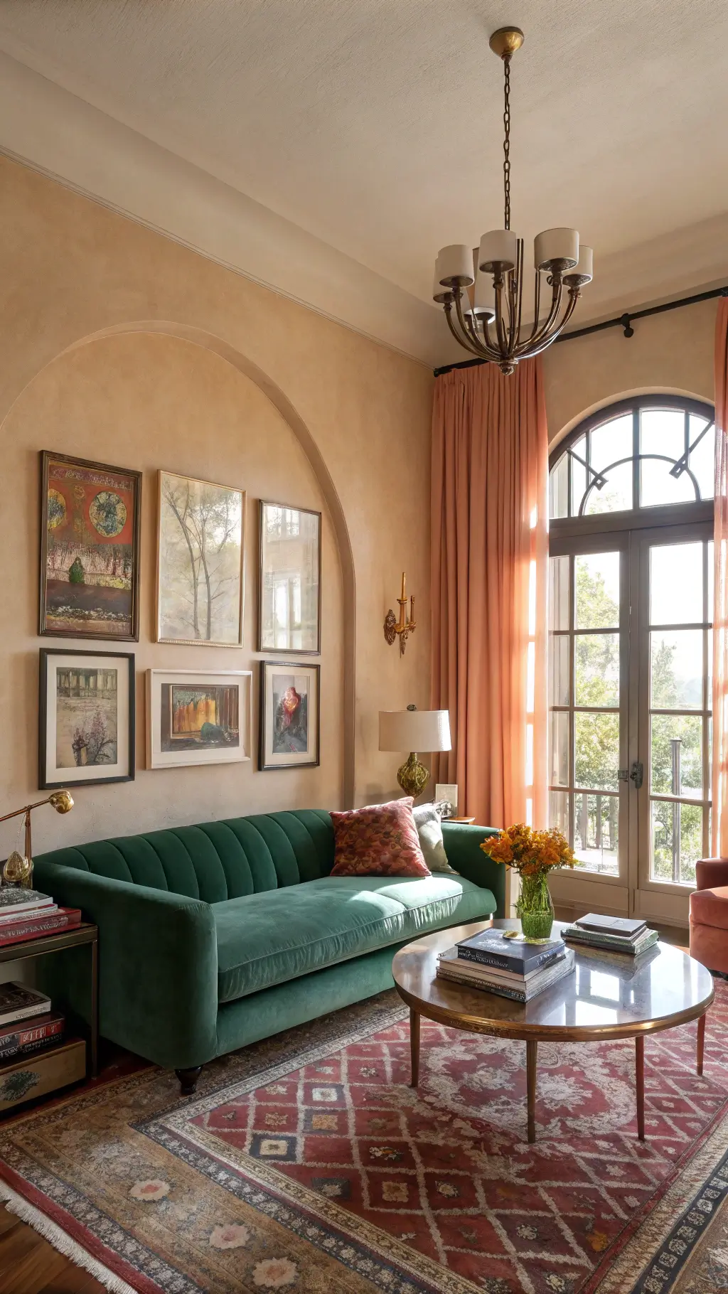Sun-drenched living room with high ceilings, bay windows, coral curtains, a green velvet sofa against a terracotta wall, vintage brass lamp, gallery art wall, Persian and Moroccan rugs, and a brass coffee table with ceramics and art books.
