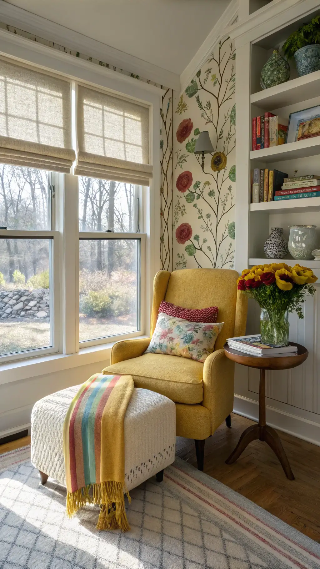 Cozy corner reading nook with mustard yellow armchair, rainbow throw blanket, brass side table, and floating bookshelves in a room with floor-to-ceiling windows and botanical print shades, bathed in soft morning light.