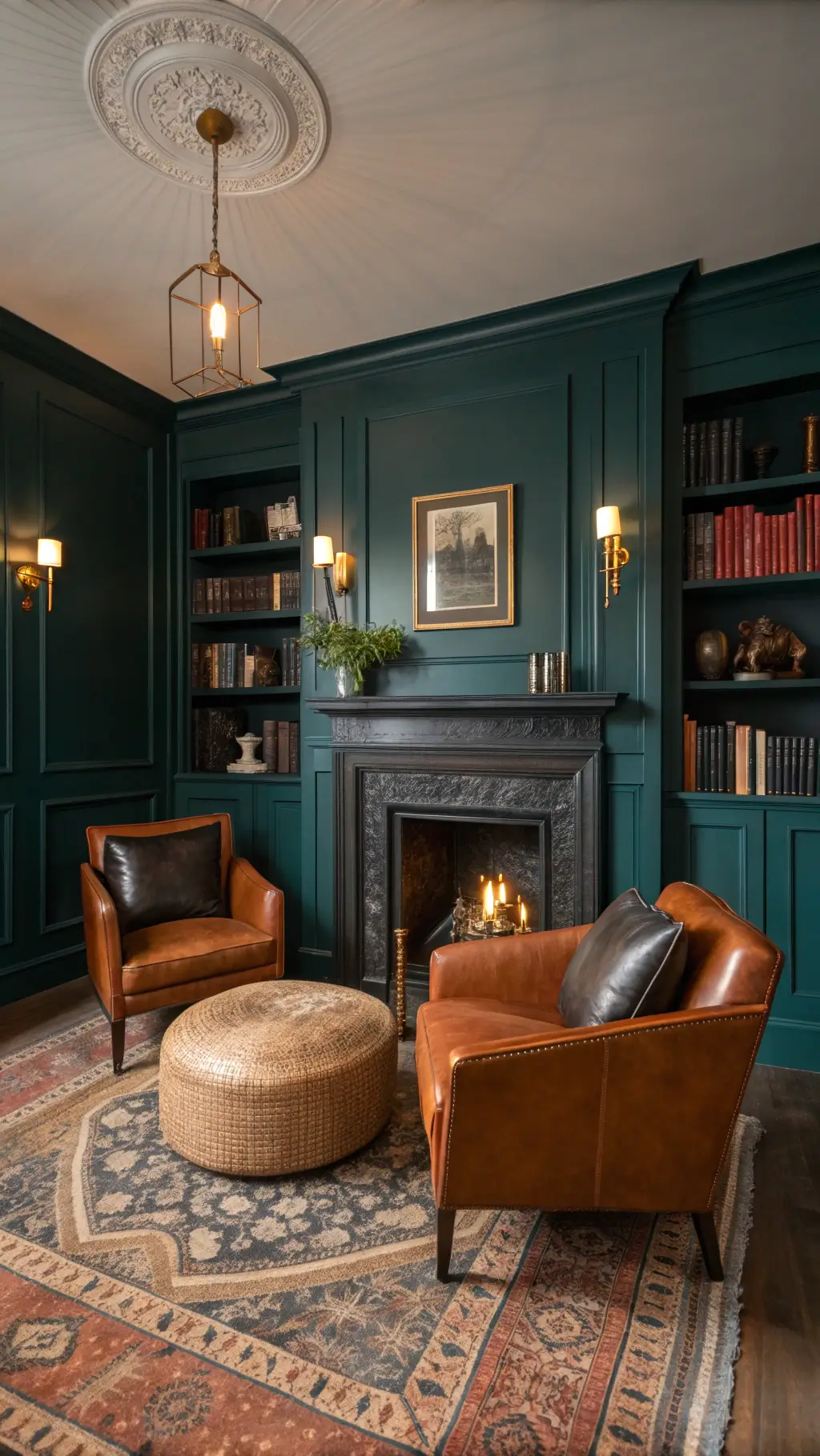 Cozy den with dark teal walls, crown molding, warm sconce lighting, a pair of burnt orange leather chairs, a black marble fireplace, built-in bookcases with color-coded books, a round jute rug on vintage Persian carpet, and accent lighting highlighting architectural details.