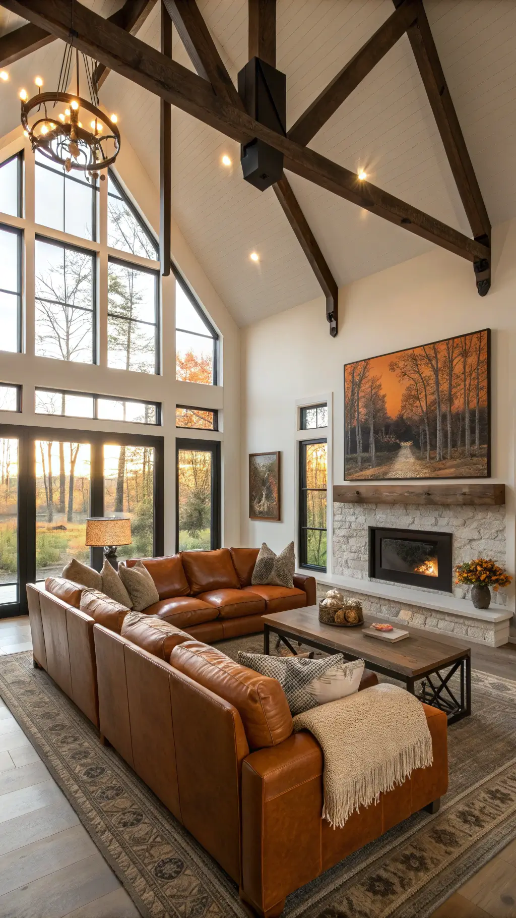 Modern farmhouse great room with vaulted ceilings, exposed beams, black steel-framed windows, oversized cognac leather sectional, abstract canvas art, and a reclaimed wood console viewed from mezzanine level.