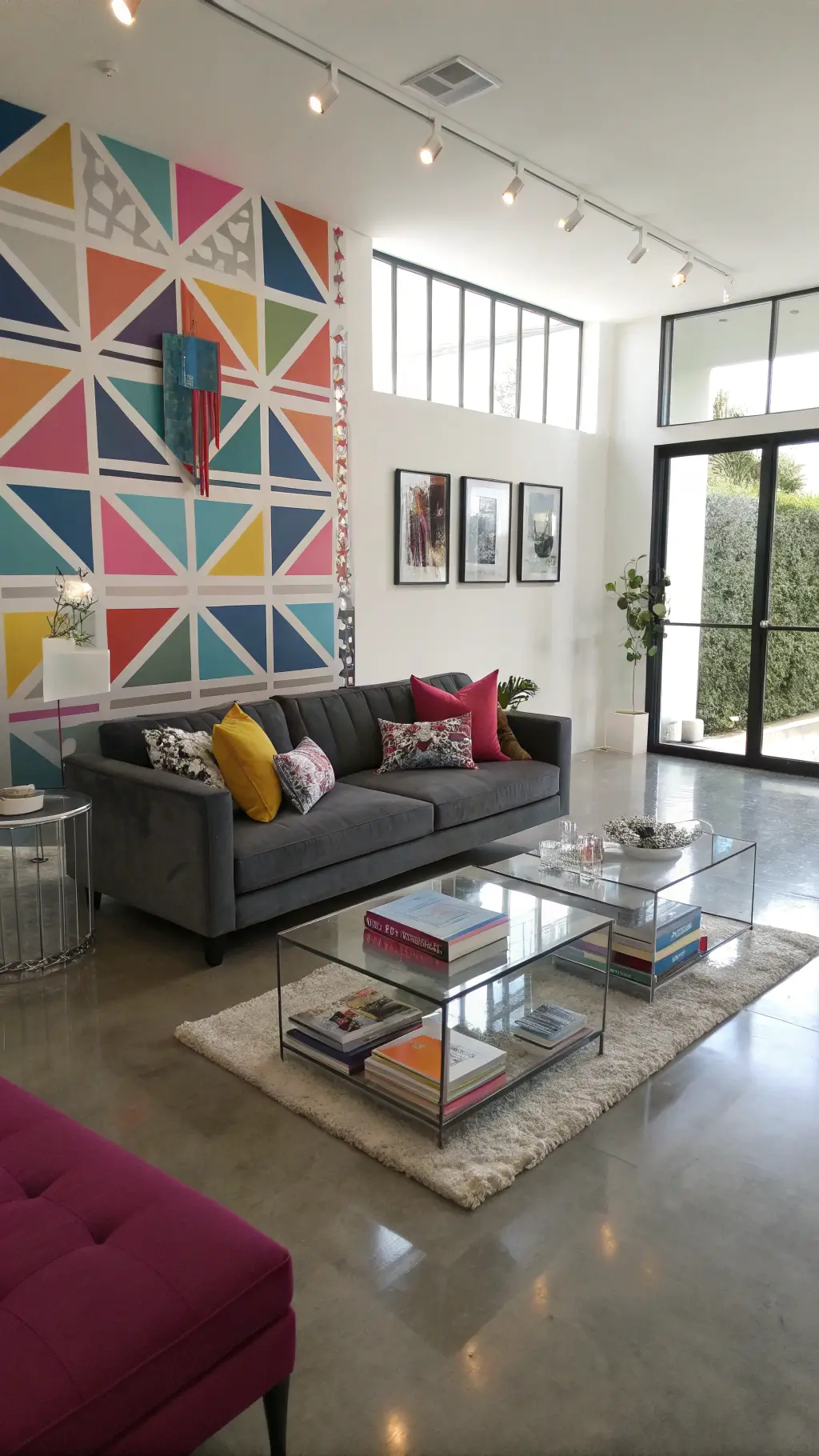 Modern living room with polished concrete floor, colorful geometric wallpaper, charcoal linen sectional adorned with bold accent pillows, acrylic coffee tables with art books, and crystal specimens illuminated by morning light.