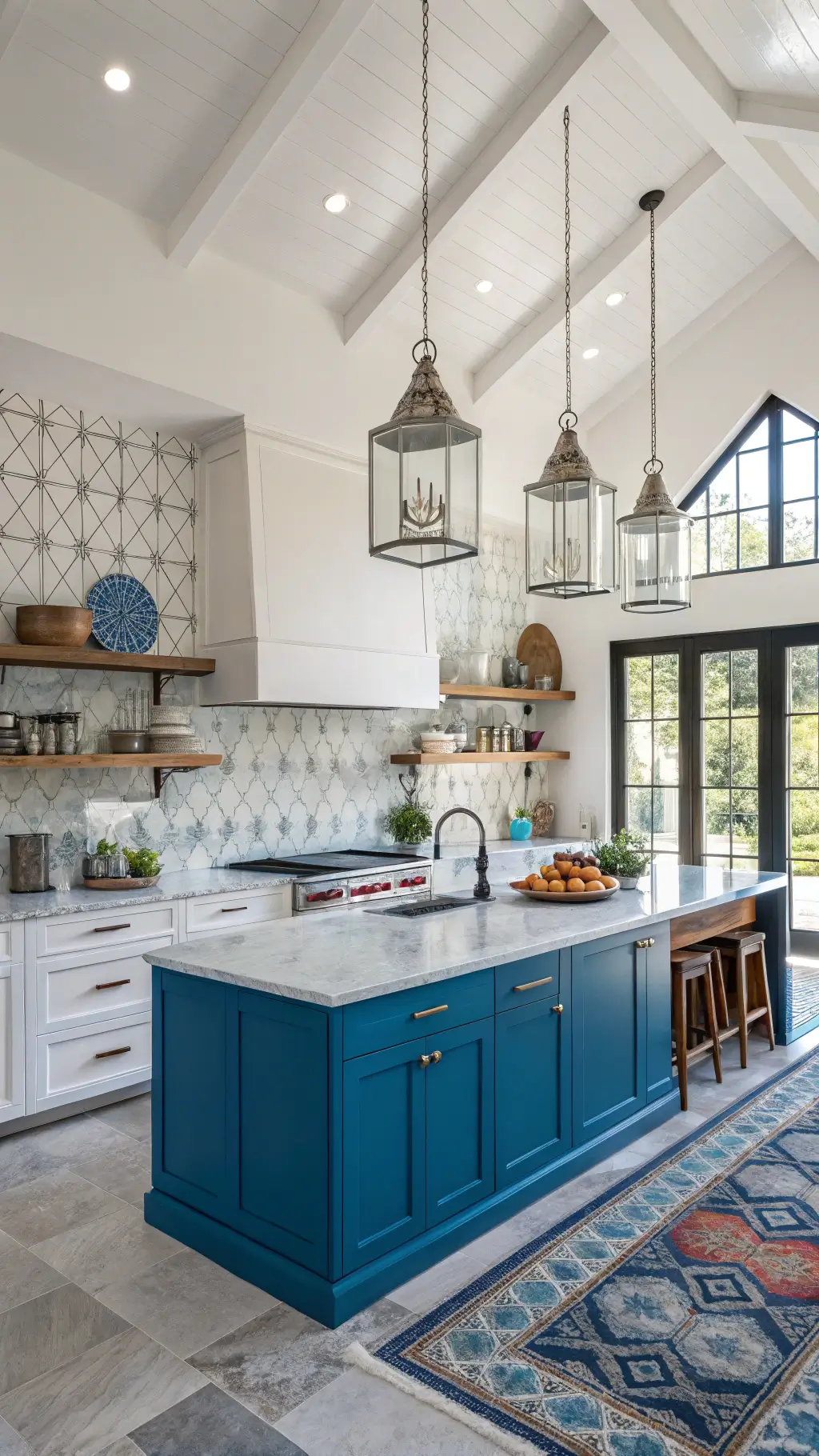 Bright midday light shines on a spacious contemporary kitchen with high ceilings, featuring an electric blue island, warm white cabinets topped with honed marble, and a dramatic cobalt to turquoise ombré tile wall. Glass pendant lights hang above the island, wooden shelves float on the walls, and a vintage Moroccan rug with deep jewel tones accents brushed steel appliances and matte blue ceramics.