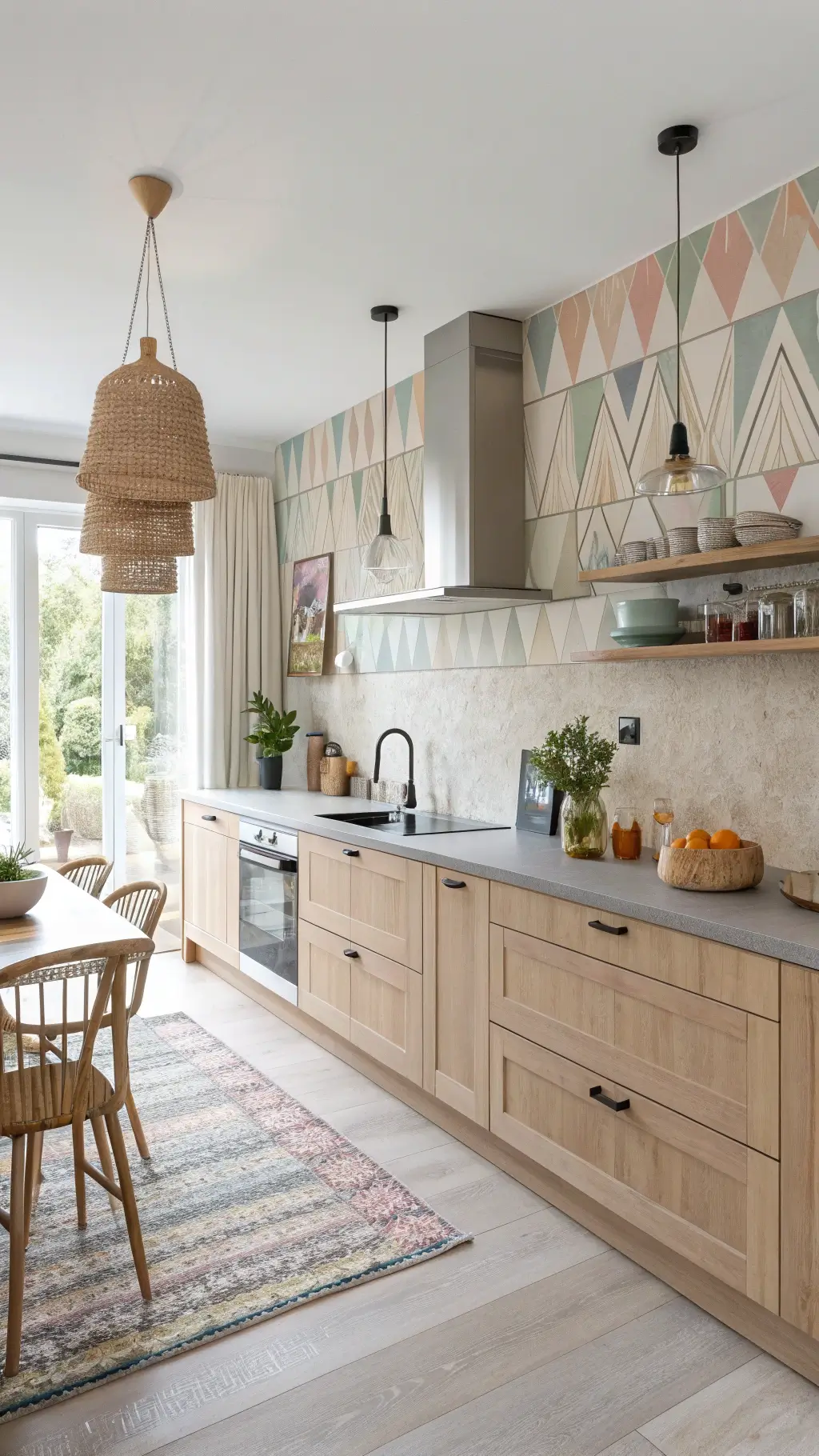 Bright, Scandinavian-inspired kitchen with pale wood cabinets, concrete countertops, geometric pastel tiles, colorful pendant lights, and textural elements like linen curtains and sheepskin throws on wooden barstools.
