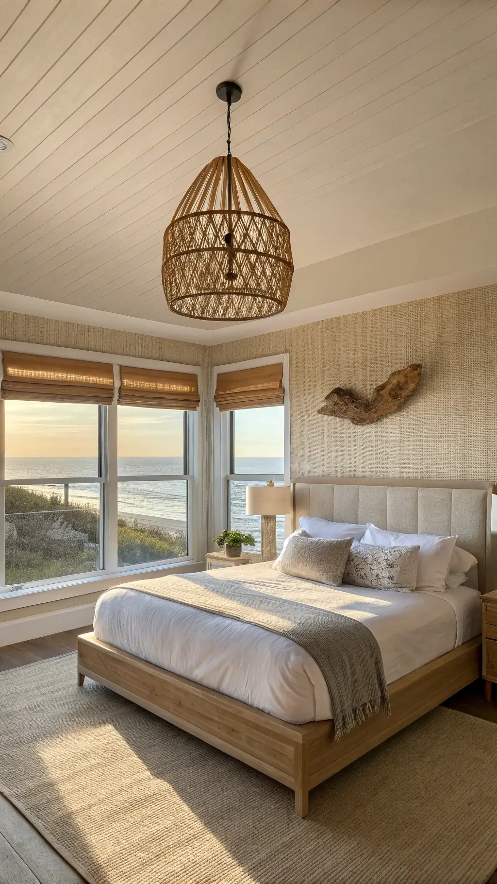 Minimalist coastal bedroom with natural linen bed, driftwood art, rattan pendant light, and sand-toned grasscloth wallpaper illuminated by late afternoon golden light.