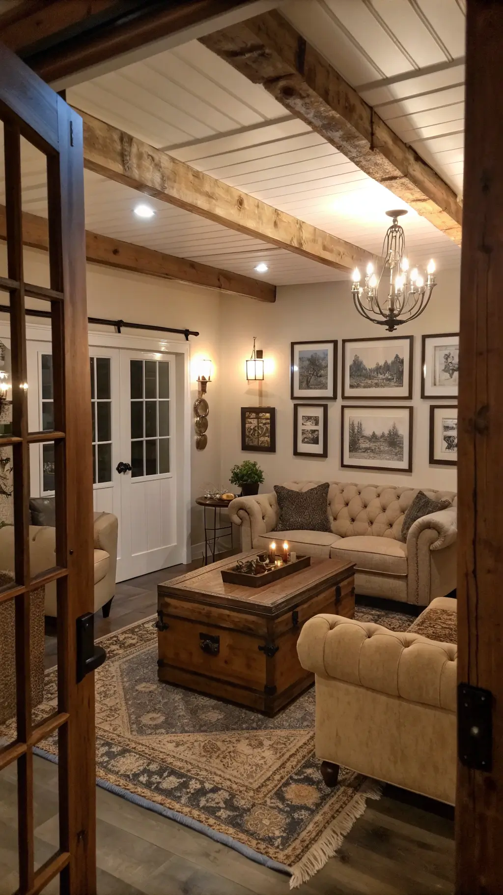 Rustic living room at twilight with vintage industrial pendant lights, oatmeal-colored armchairs, leather Chesterfield sofa, antique trunk coffee table with candles, and a gallery wall of black and white farmhouse prints in wooden frames.