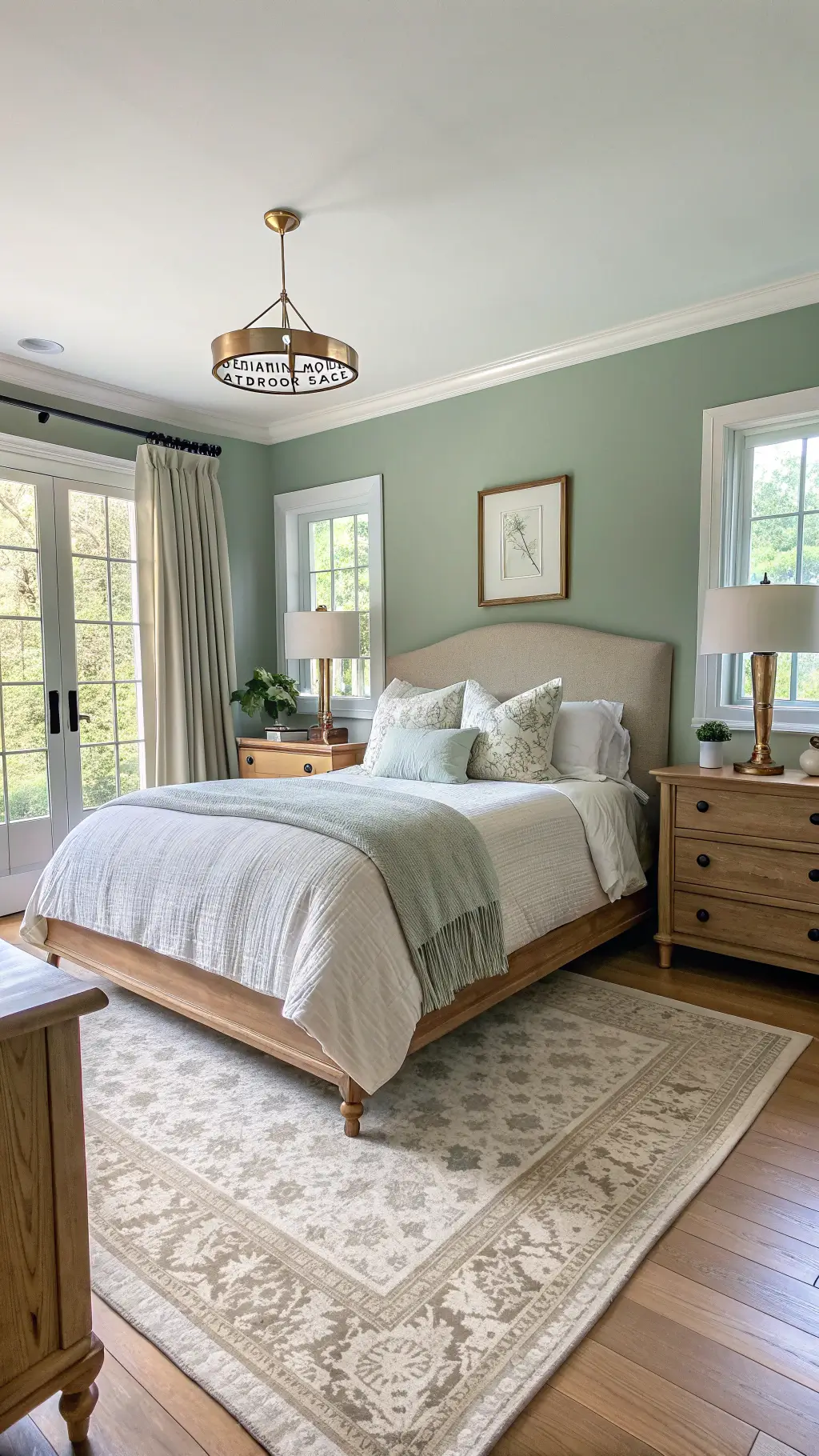 Spacious 14x16ft bedroom with sage green walls, king-sized bed with cream linen bedding, white oak nightstands with ceramic lamps, brass mirror, and jute area rug in natural daylight and soft ambient lighting.