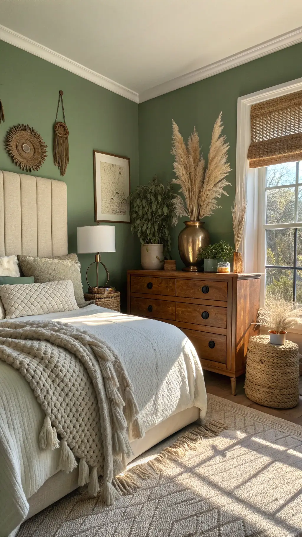 Cozy intimate 12x12ft bedroom bathed in golden hour sunlight, featuring a sage green accent wall, cream upholstered headboard, ivory knit throw, velvet pillows, and wooden dresser adorned with pottery. Warm light from a vintage brass lamp casts shadow on the woven grass window shades.