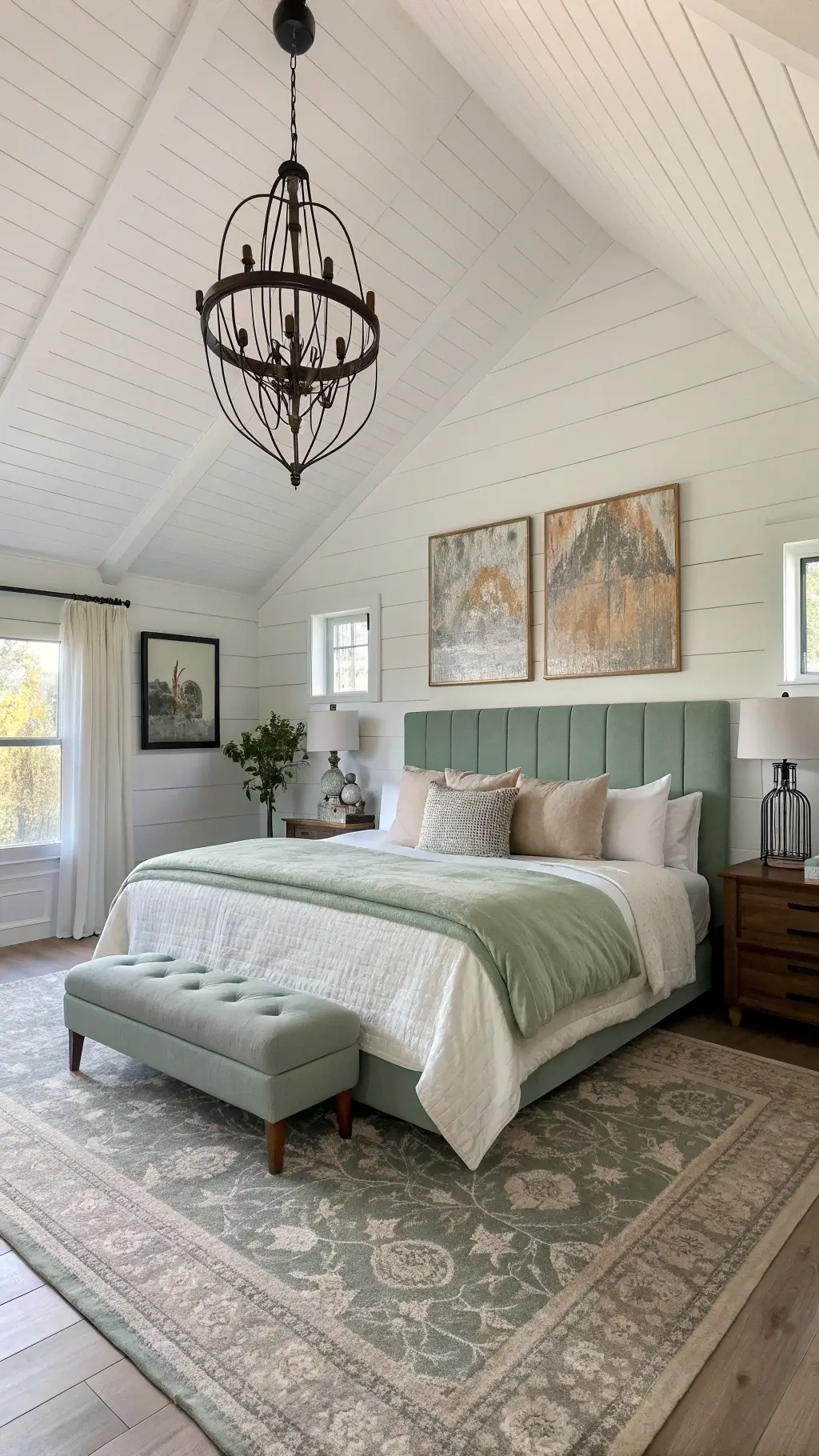 Spacious modern farmhouse bedroom with sage green shiplap feature wall, white walls, California king bed with rumpled bedding in matching colors, abstract art piece, black chandelier, vintage rugs, and ambient lighting