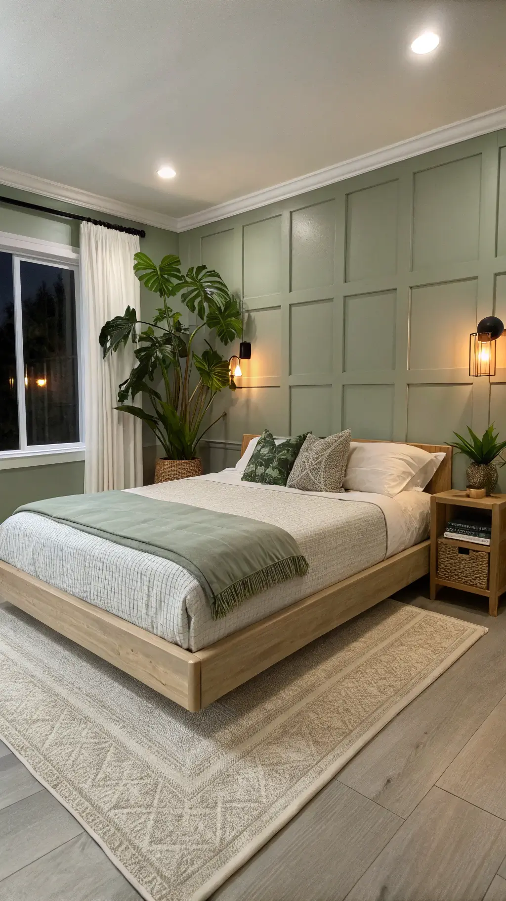 Minimalist 13x15ft bedroom with sage green walls and modern white trim, featuring a platform bed in bleached oak with linen bedding, lit by brass sconces, and adorned with a large monstera plant in a ceramic pot, showing a balance of cool evening light and warm artificial lighting, creating a Zen-like calm atmosphere.