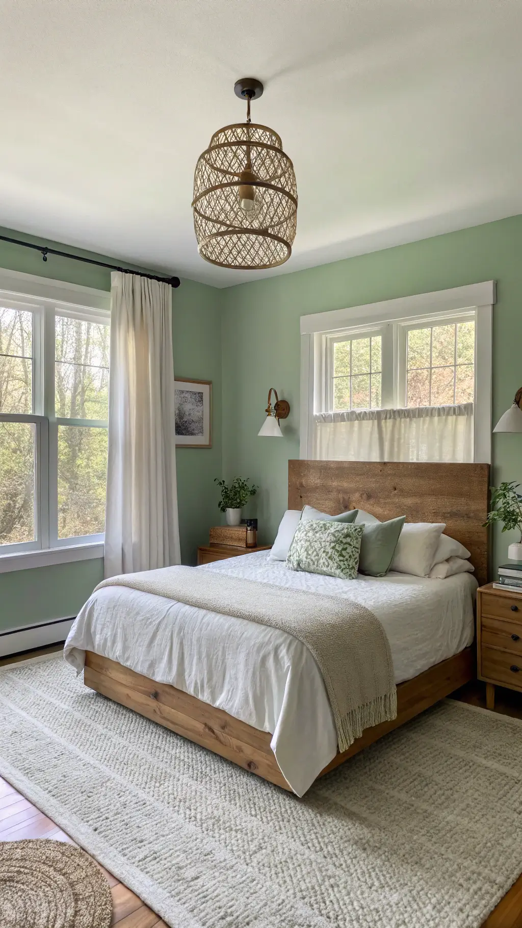 Petite bedroom illuminated by natural afternoon light featuring a sage green wall, wooden headboard, cream carpet, white linen drapes, and brass reading lights with stylish bedside tables adorned with ceramic vessels and art books.