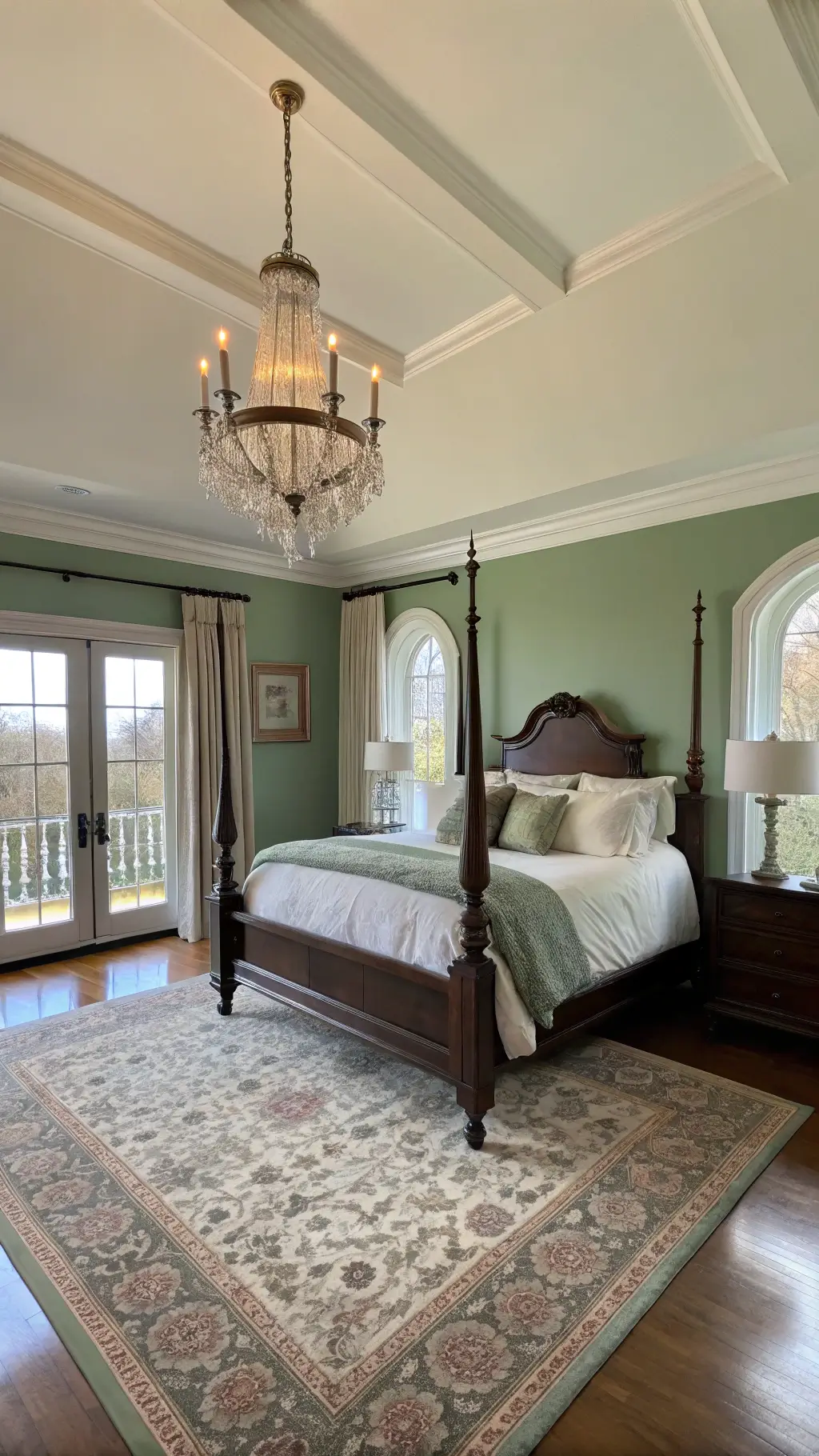Elegant 16x20ft primary bedroom with two-tone sage green and white walls, traditional dark wood four-poster bed with matching bedding, crystal chandelier, antique Persian rug, silk drapery, and French doors leading to a balcony, all bathed in a golden morning sunrise.