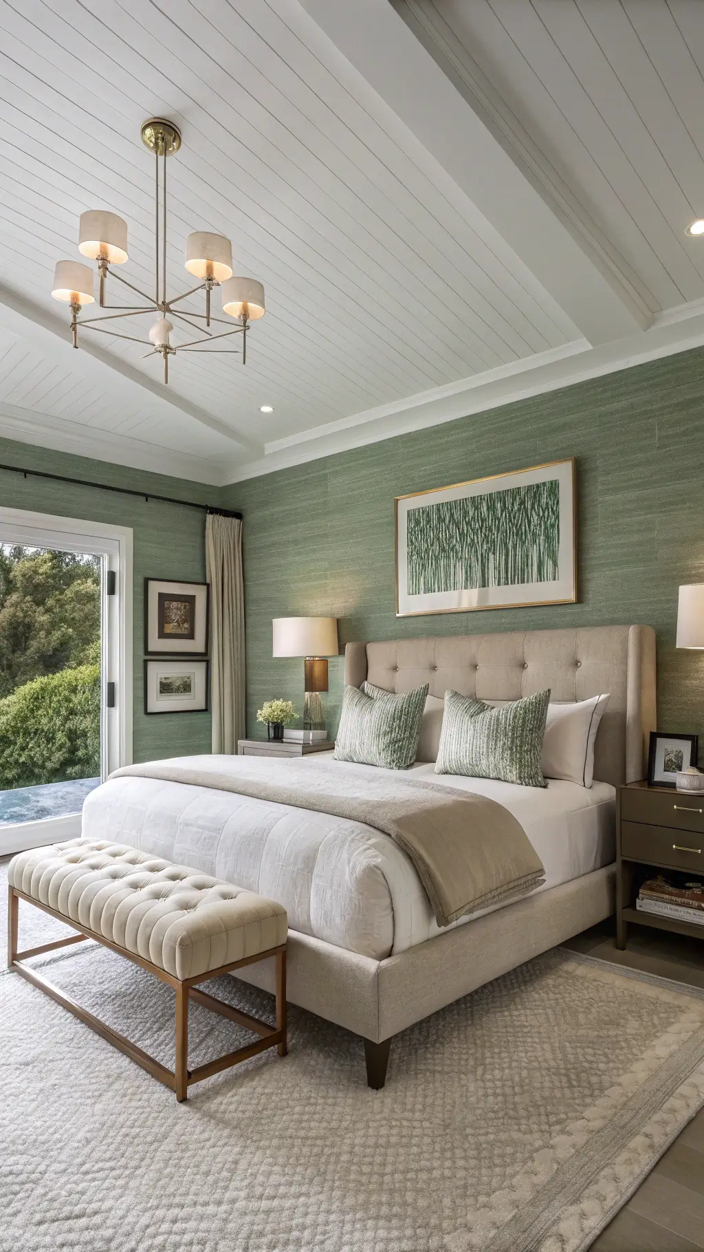 Modern 14x14ft bedroom at twilight featuring sage green grasscloth wallpaper, greige linen low-profile bed, Mongolian wool bench, abstract art, polished nickel lightings, walnut floating shelves with minimalistic styling, and artificial ambient glow for a sophisticated atmosphere