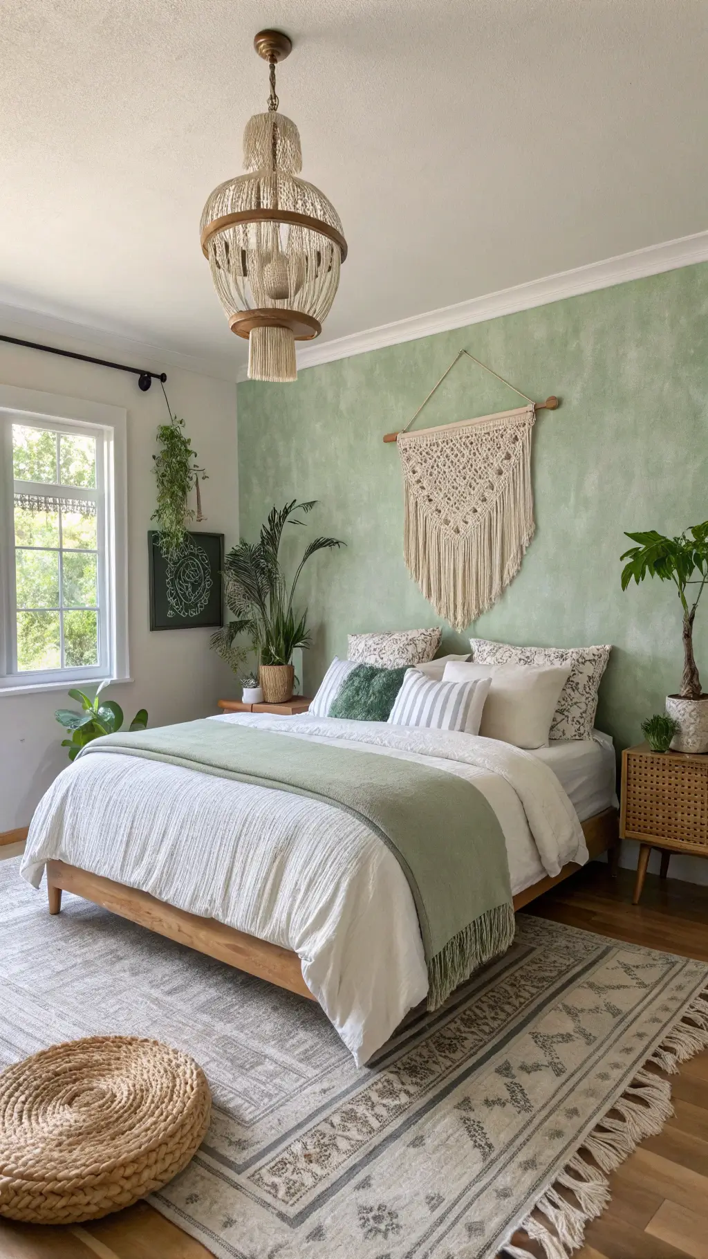 Boho-modern bedroom with sage green walls, rattan bed, macramé wall hanging, vintage Moroccan rug, brass mobile chandelier, and potted plants in natural morning light