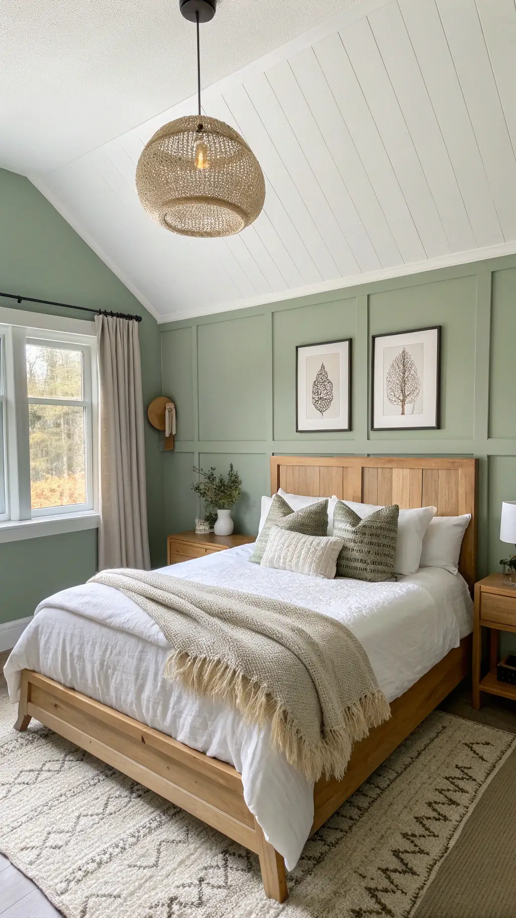 High angle view of a serene 15x15ft Scandinavian-inspired bedroom at midday, featuring sage green lower walls, white upper walls, a blonde wood bed frame with white linen and sage accent pillows, minimal artwork in light wood frames, sheepskin throws, and a paper pendant light, bathed in bright natural light.