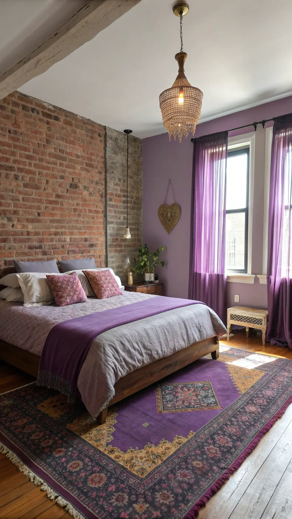 Eclectic bohemian bedroom in shades of purple with morning light filtering through violet curtains, featuring a low-profile bed with layered linens, vintage Persian rug, brass pendant lights, and a macramé wall hanging on a painted plum brick accent wall.