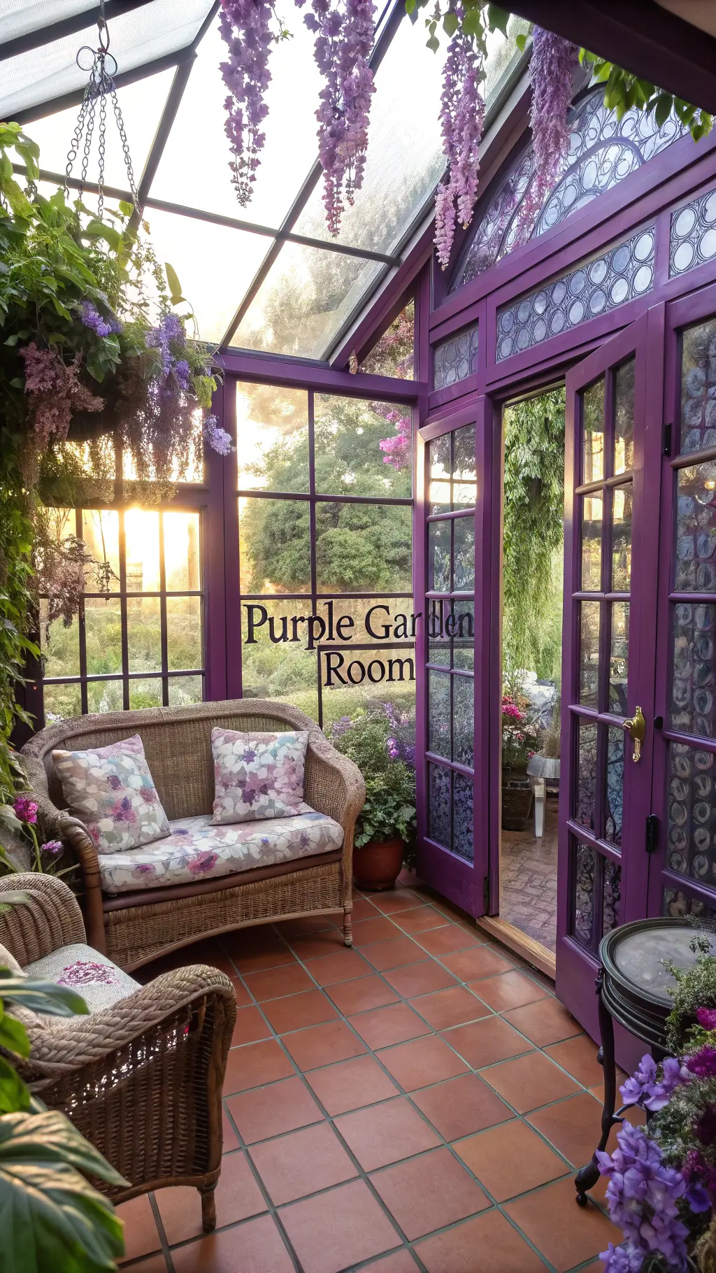 A 15x20ft sunlit sunroom with purple stained glass panels, vintage wicker furniture, botanical print cushions, purple Moroccan runners on terracotta tiles, and hanging orchids and vines, shot through a doorway, giving a whimsical botanical ambiance.