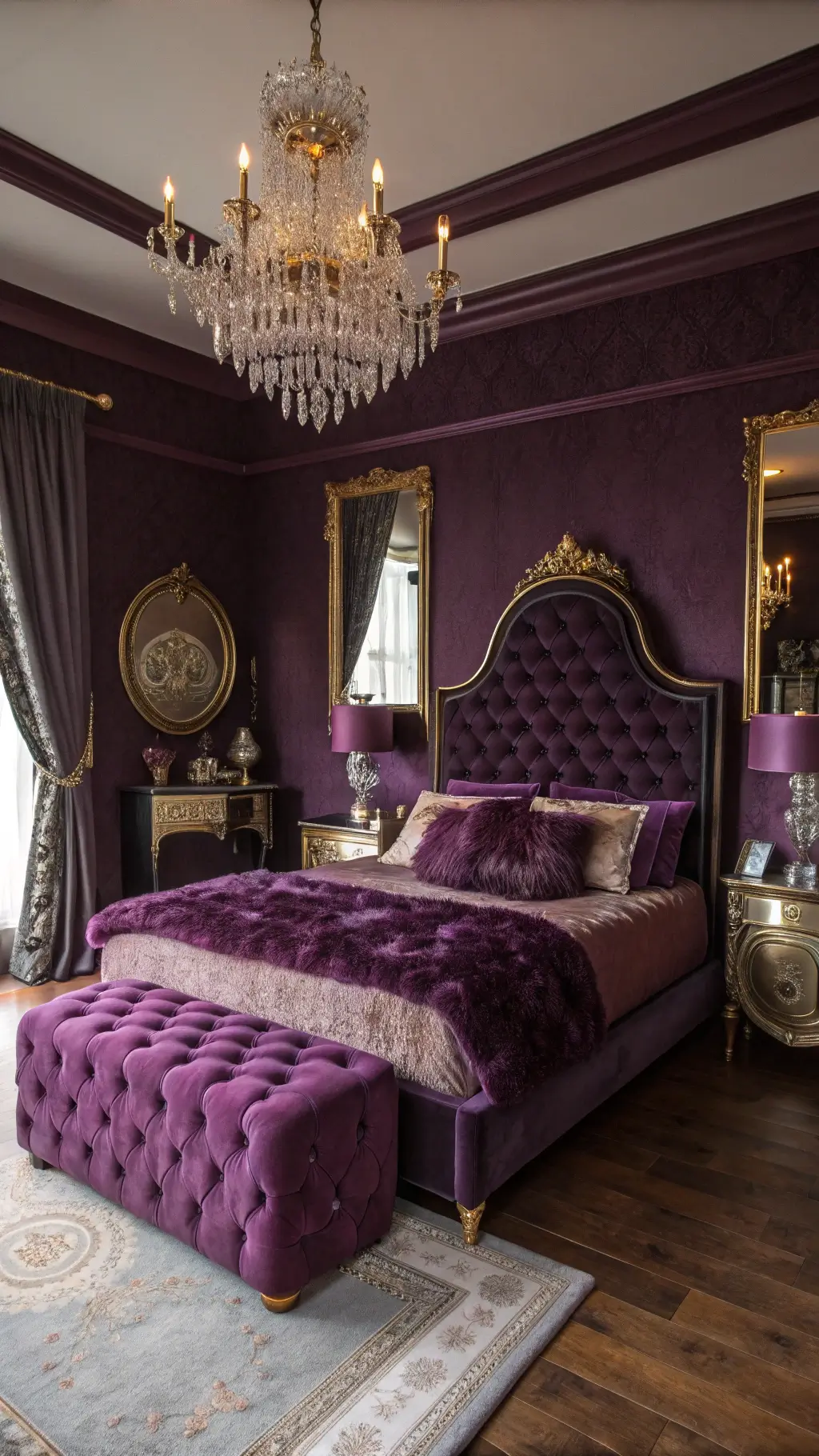 Opulent, Victorian-inspired maximalist boudoir with aubergine walls, gold mirrors, crystal chandelier, and Queen bed dressed in purple silk, velvet, and faux fur with a tufted ottoman and vintage vanity on hardwood floors, shot at midday.