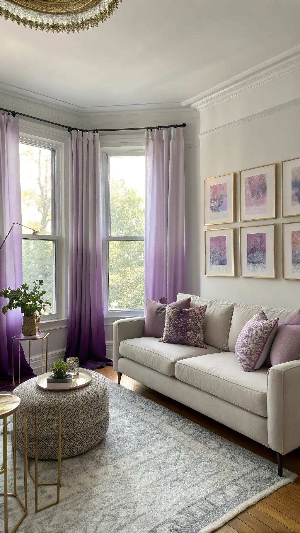 Bright and airy 14x16ft transitional space featuring gradient purple ombre curtains, pearl gray sectional with plum and lilac pillows, brass-legged side tables with amethyst geode displays, watercolor art in purple hues, all under high-key lighting.