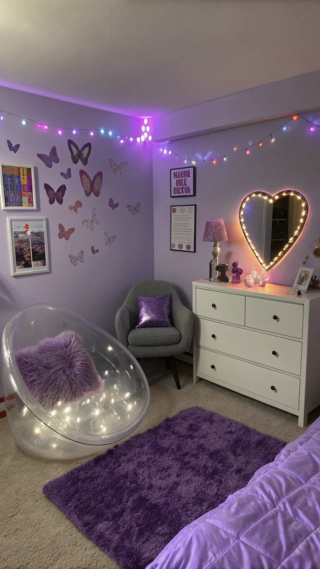 Y2K-inspired teenager's room with holographic decals on lavender walls, platform bed, fluffy purple pillows, and accents of metallic cushions, butterfly motifs, lava lamp, and fairy lights reflected in a heart-shaped mirror; shot at dusk from a low angle with dramatic side lighting.