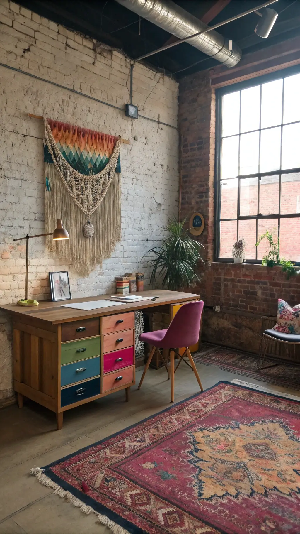 Aerial view of a small bohemian creative studio with a wooden, rainbow-colored desk, Persian rugs in jewel tones, a rattan peacock chair with fuchsia cushions, and a collection of global artifacts.
