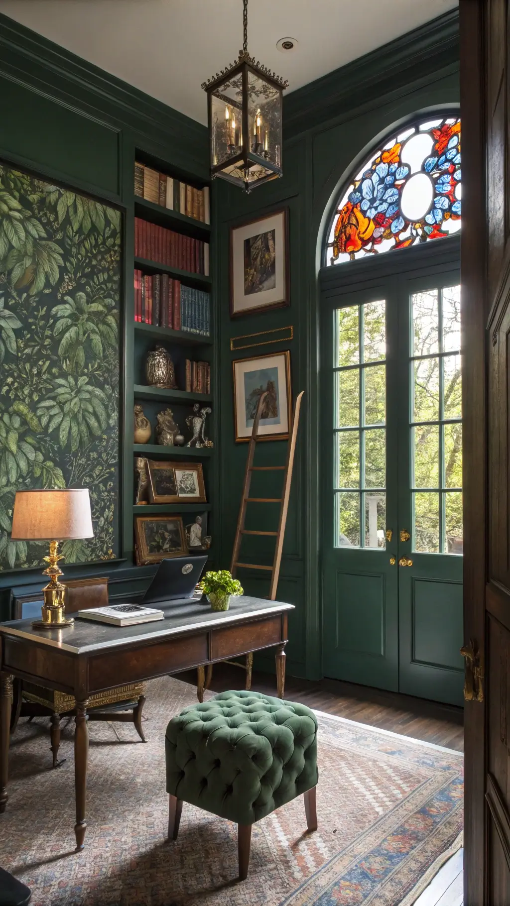 Victorian home office with navy campaign desk, floor-to-ceiling bookshelf with ladder, animal print ottoman, vintage lamps, botanical prints in gilt frames on emerald grasscloth walls, viewed through doorway with dramatic afternoon lighting from stained glass window.