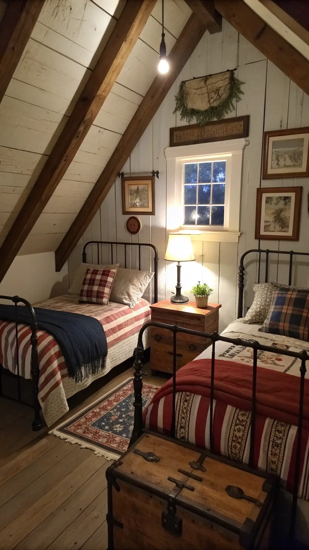 Cozy rustic bedroom at dusk with twin iron beds covered in vintage linens and wool blankets, an apple crate nightstand, enamelware lamp, wooden framed botanical prints, and a small window seat under rough timber beams.