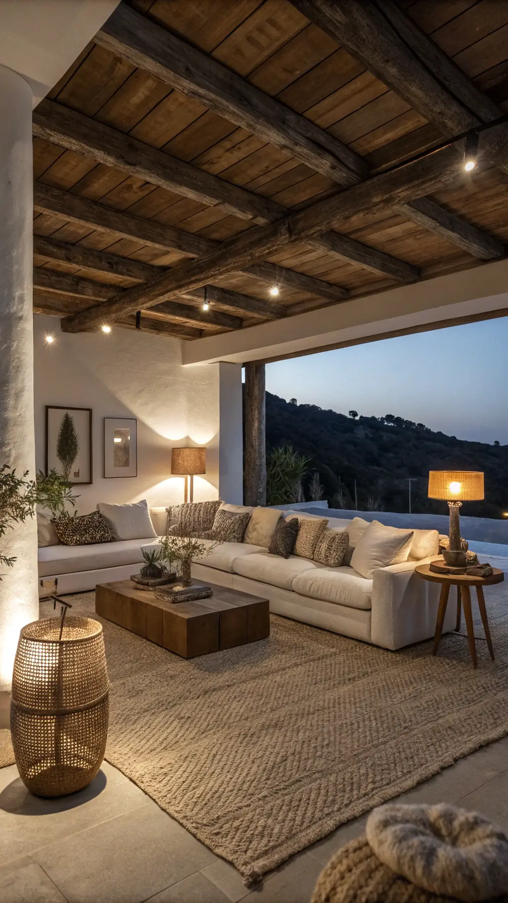 Cozy and modern living room at dusk with ceramic table lamps, wooden beams, charcoal linen sofa with cream throws, and a brass coffee table with marble top on a jute rug.