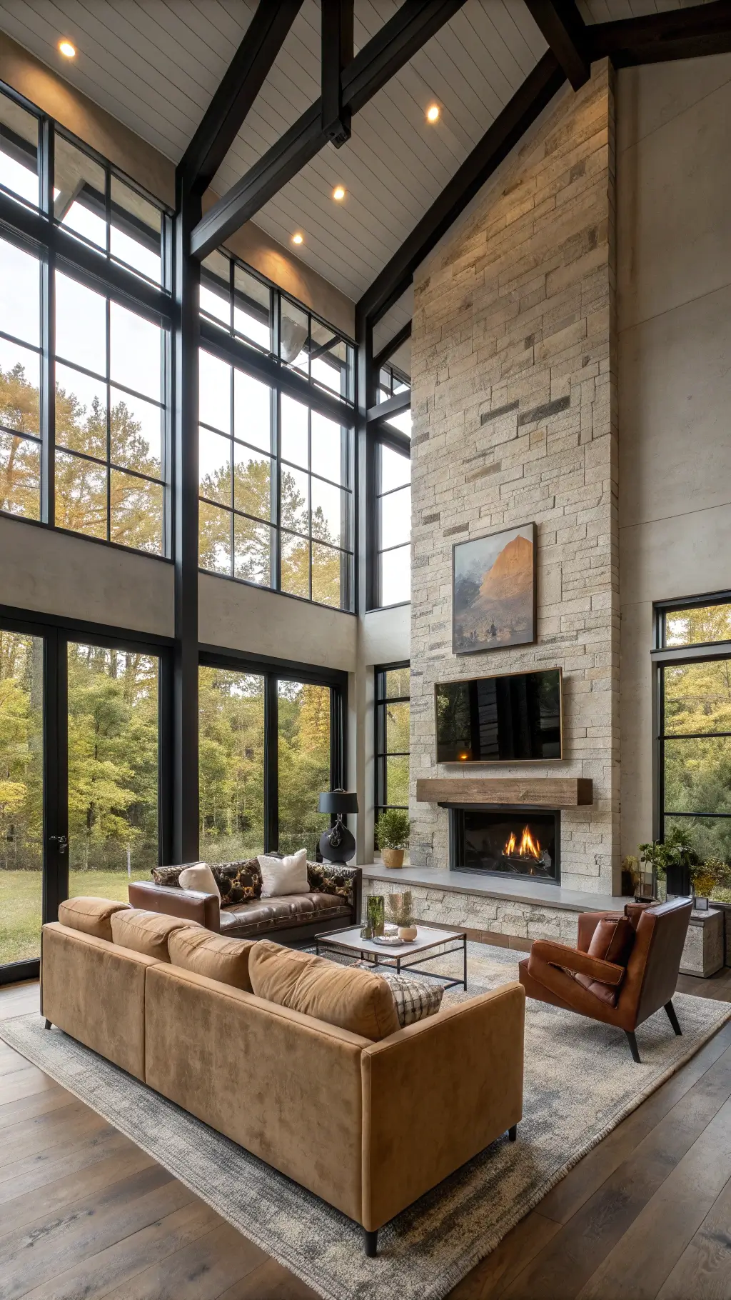 Contemporary great room with high ceilings, black steel-framed windows, concrete fireplace with timber mantle, taupe velvet sectional, distressed leather armchairs, and a massive abstract canvas, shot during mid-morning light from an elevated position.