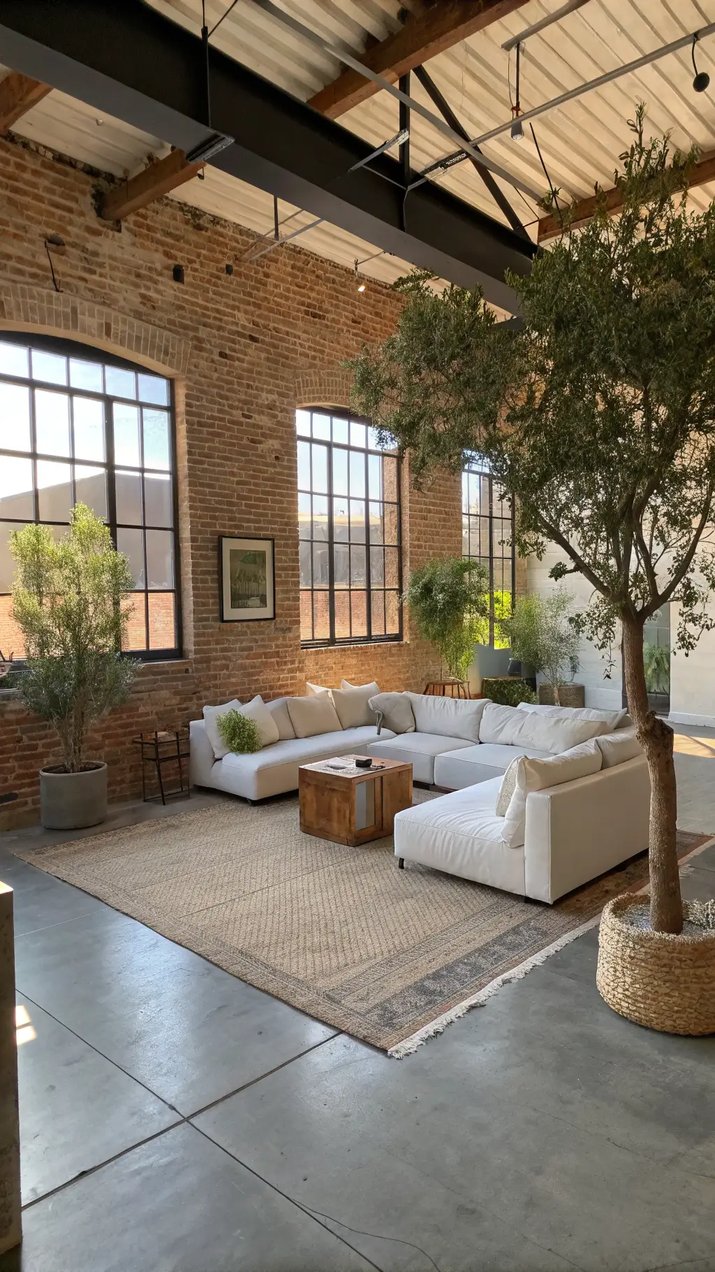 Spacious open concept room with brick walls, concrete floors, white linen sectional, reclaimed wood coffee table, geometric jute rug, potted olive trees, and architectural lighting.