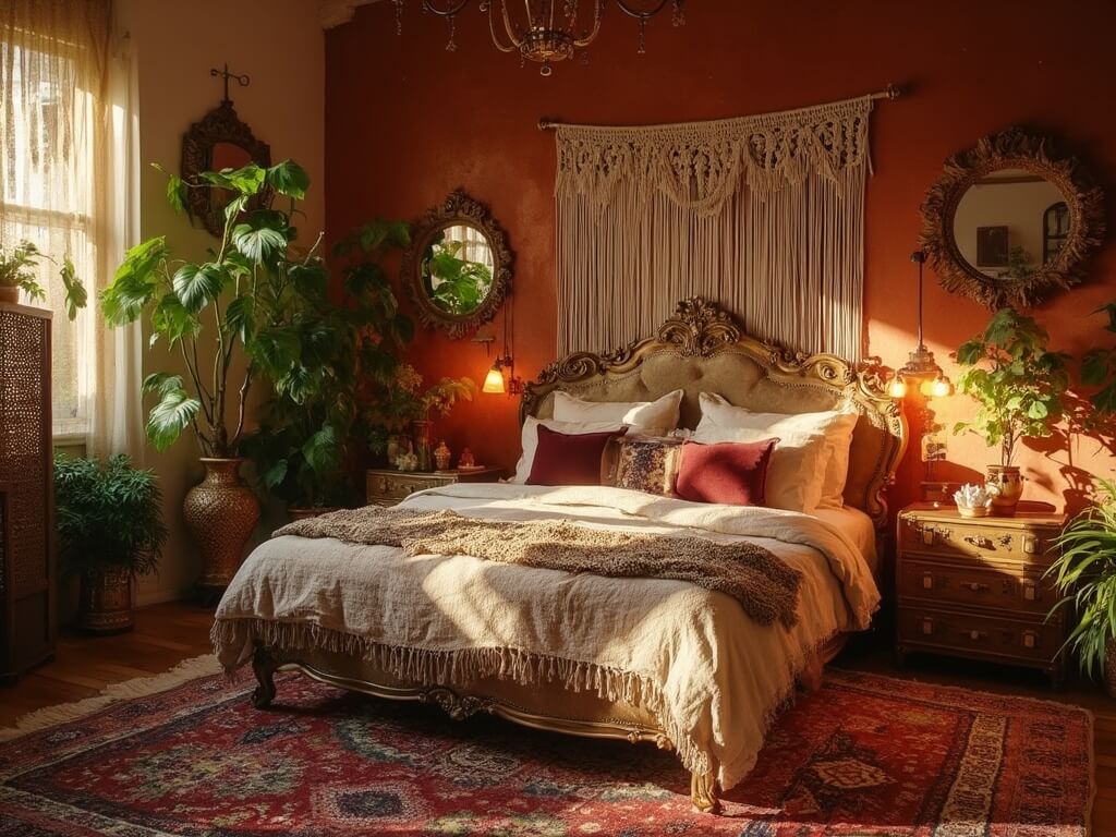 "Bohemian bedroom with vintage brass bed, layered textiles, macramé wall hangings, rattan mirrors, and lush indoor plants in golden hour lighting."