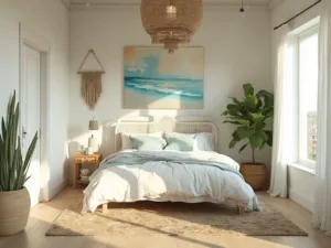 "Sunlit coastal chic bedroom with king-size bed, seascape artwork, and natural decor"
