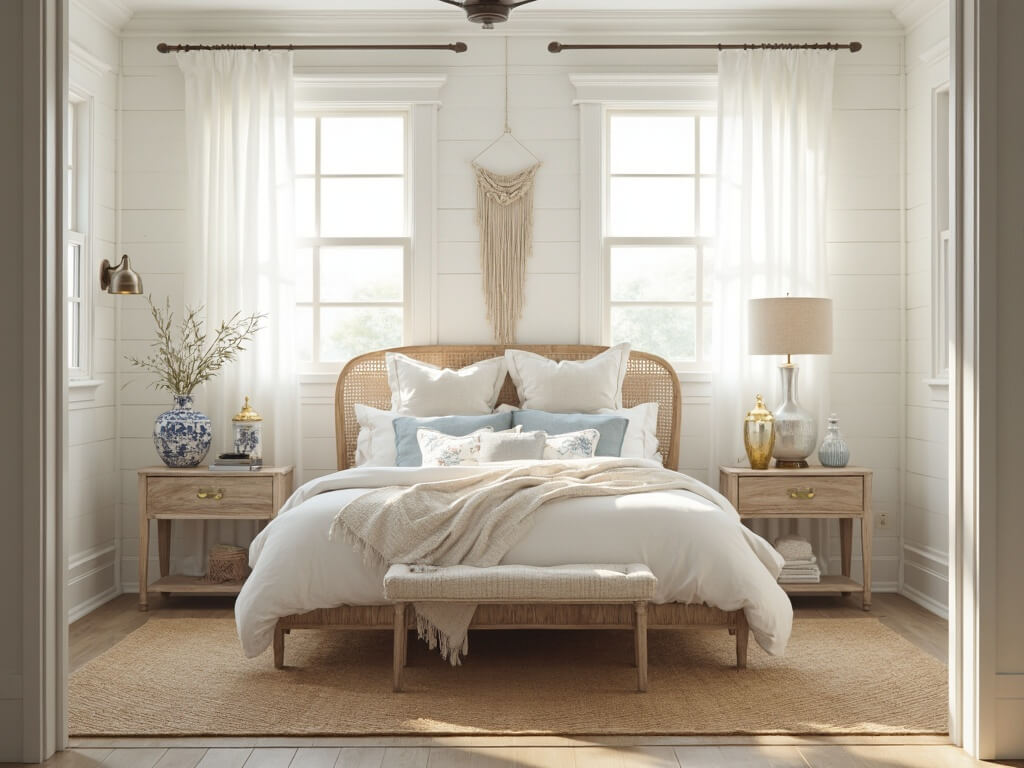 "Serene sanctuary in a coastal-themed granddaughter's bedroom featuring a harmonious blend of light oak, jute, and rattan accents, morning light filtering through gauzy curtains, a vintage coral display, and a high-end photography capture of the sunlit room."