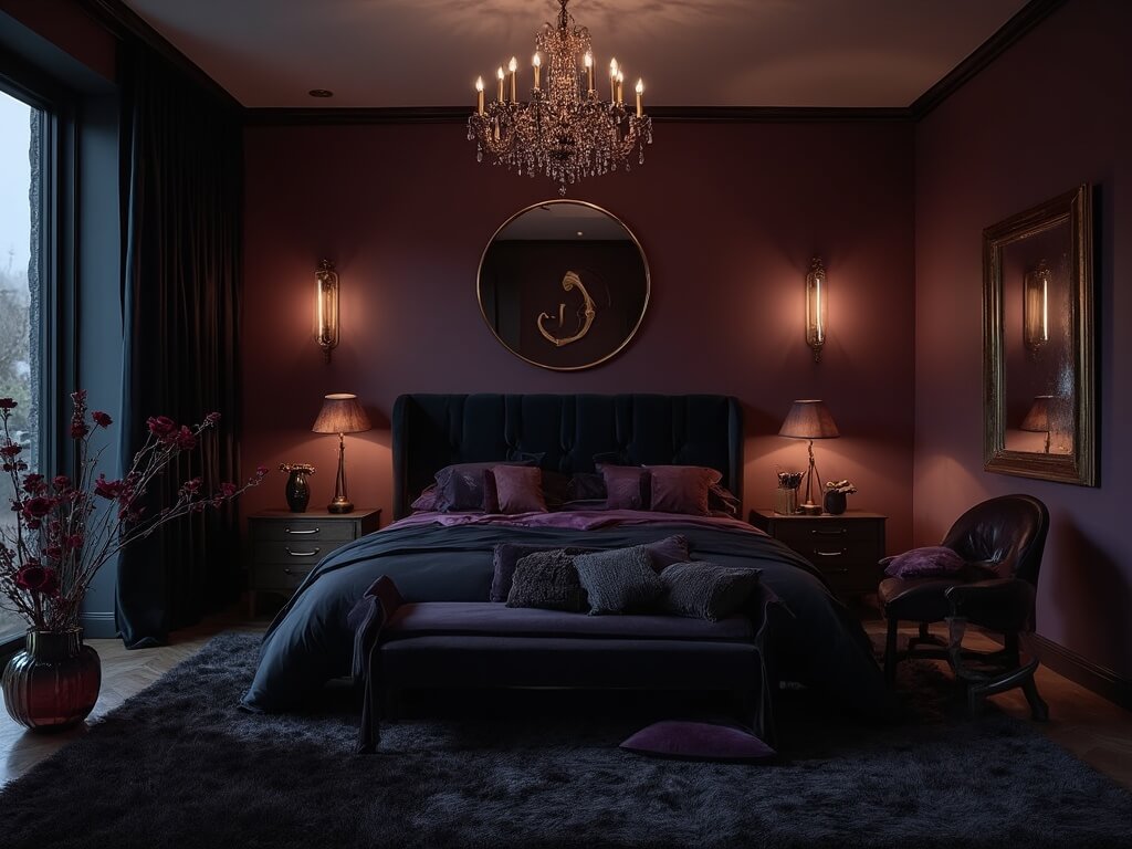 "Luxurious dark romantic bedroom with aubergine walls, king-sized bed, antique brass sconces, and crystal chandelier in dusky lighting"