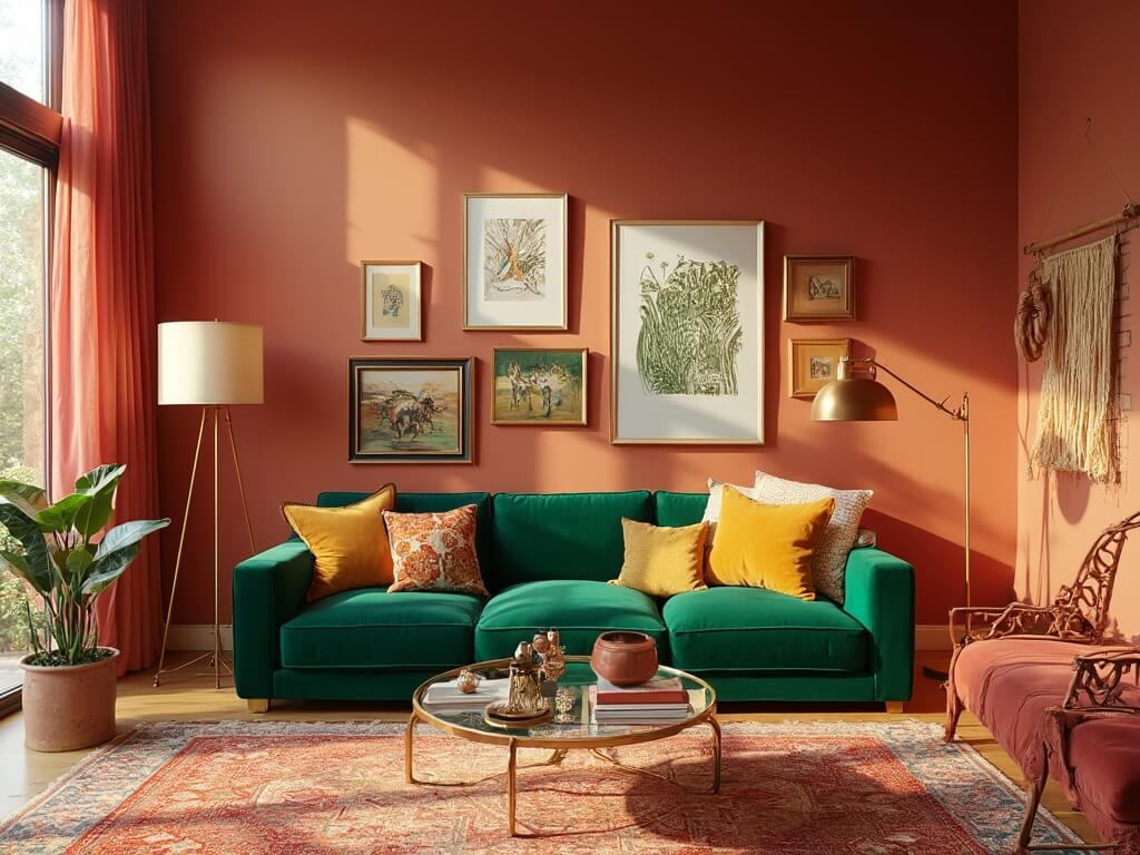 "Sunlit living room with terracotta walls, emerald green velvet sofa, coral curtains, Persian and Moroccan rugs, brass coffee table, and potted monstera plant in golden hour lighting"