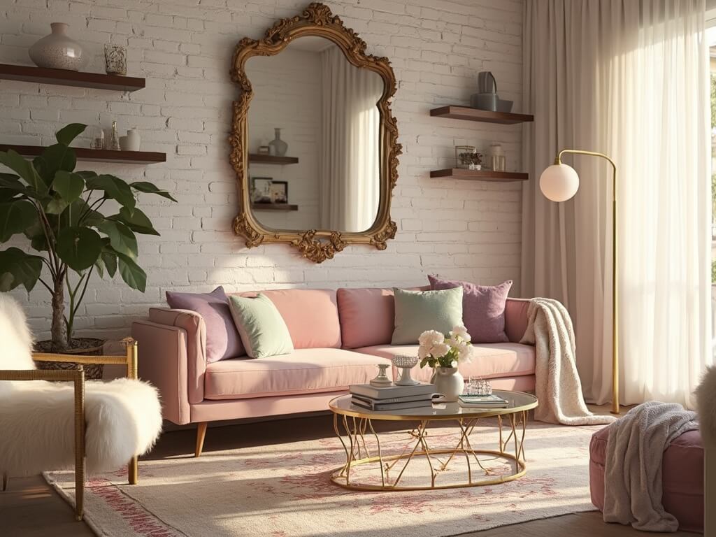 "Sophisticated living room at golden hour featuring blush pink velvet sofa, gold-framed mirror, layered rugs, brass and glass coffee table, faux fur throws, velvet pillows, white sheepskin accent chair, brass floor lamp, fiddle leaf fig plant, and floating shelves with brass, crystal, and ceramic objects."