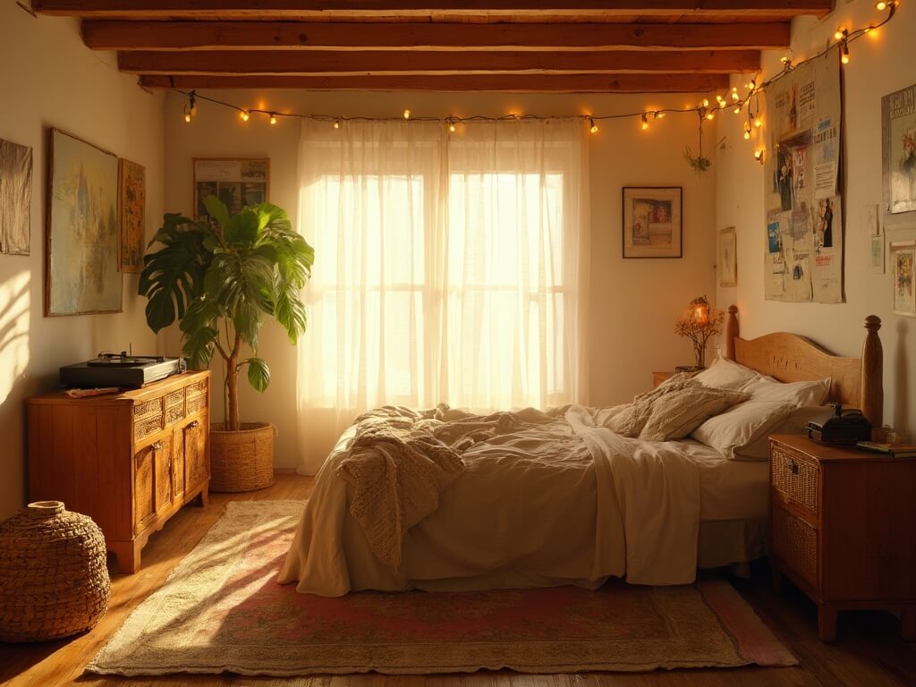 "Indie-style bedroom with vintage record player, macramé wall hanging, monstera plant, and Persian rugs during golden hour."
