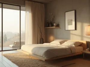 "Serene Japandi-inspired minimalist living room with morning light, featuring a low-profile wooden bed, minimalist artwork, and a concrete accent wall"