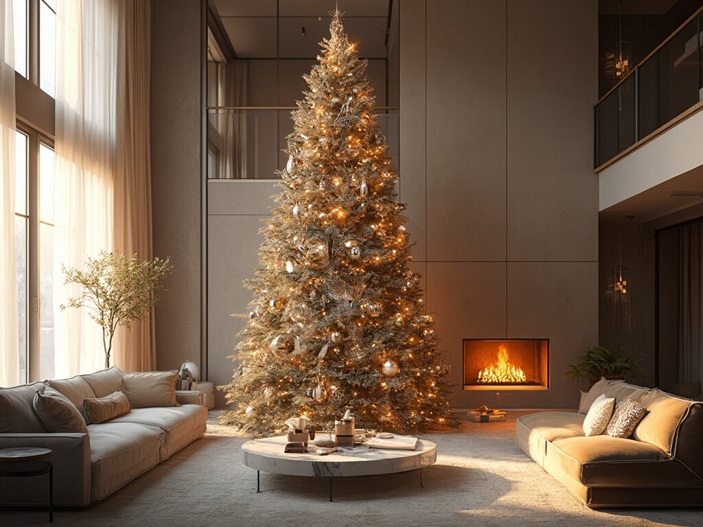 "High-end Christmas tree styling with silver and crystal ornaments in a contemporary living room with architectural details and dramatic lighting"