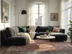 "Contemporary living room with dark grey velvet sofa, white walls, dark oak flooring, and floor-to-ceiling windows"