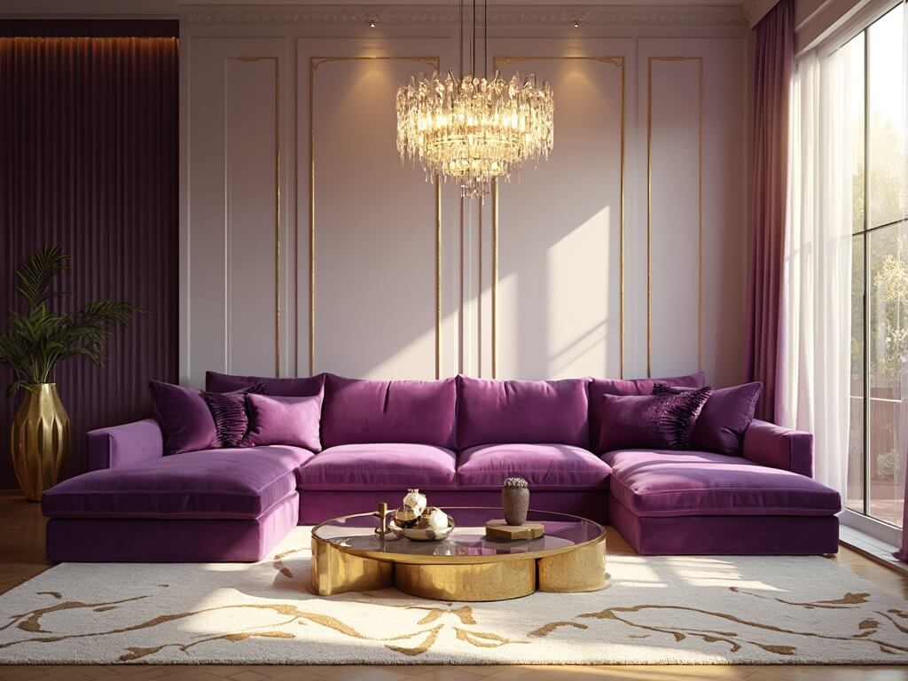 "Luxurious modern living room with aubergine velvet sectional sofa, gold-leafed art deco coffee table, and afternoon sunlight streaming through windows"