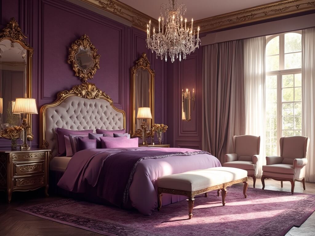 "Luxurious purple-themed master bedroom with gold accents bathed in golden sunlight"