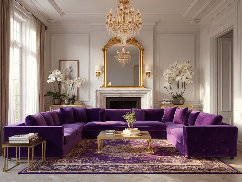 "Luxurious living room with purple velvet sofa, gold accents, and sunlight through windows"