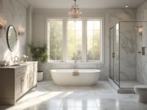 "Spacious transitional bathroom with freestanding oval tub, marble accents, double vanity, and crystal chandelier bathed in soft morning light"