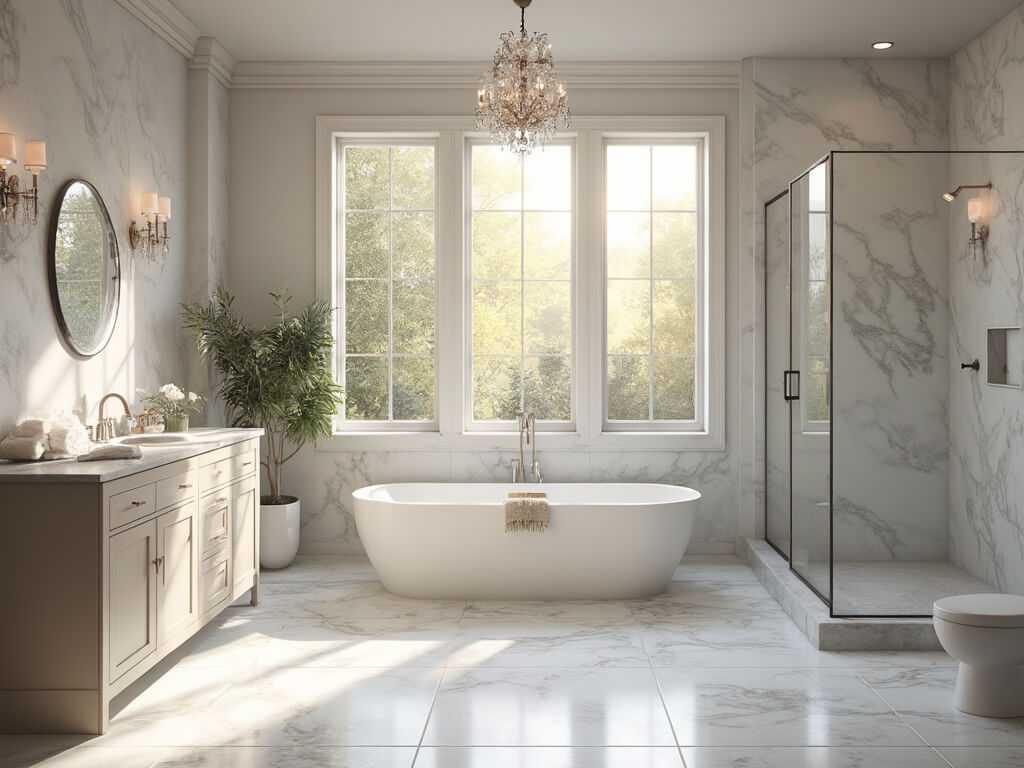 "Spacious transitional bathroom with freestanding oval tub, marble accents, double vanity, and crystal chandelier bathed in soft morning light"