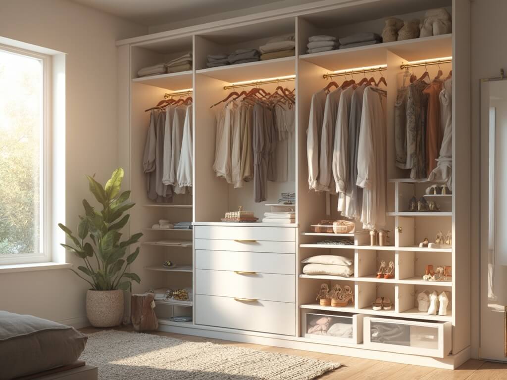 "Organized luxury closet with custom white modular shelving, brass and acrylic accents, and carefully arranged color-coordinated clothing"