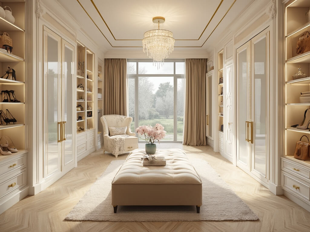 "Luxurious walk-in closet with white cabinetry, brass hardware, glass-fronted wardrobes, champagne velvet ottoman, backlit shoe displays, and full-length mirrors reflecting natural light"