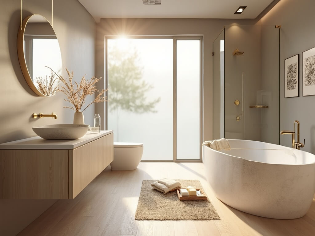 "Luxury master bathroom with limestone tub, modern vanity, and warm decor in soft morning light"