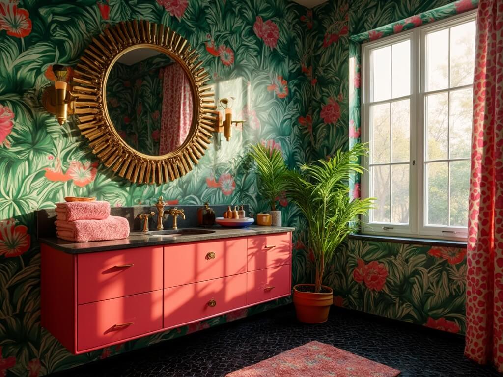 "Maximalist bathroom with vibrant jungle print wallpaper, black hexagonal tiles, cherry red vanity, brass fixtures, and eclectic accessories at golden hour."