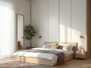 "Minimalist bedroom interior design with white linens, wooden nightstand, white wardrobes, and brass accents, styled with a Moroccan rug and greenery."