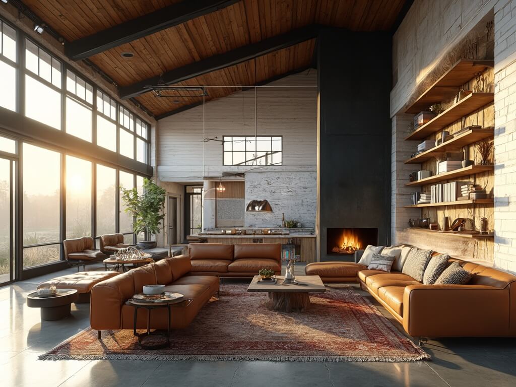 "Modern barndominium great room with high ceilings, expansive windows, a cognac leather sectional, and a black steel fireplace during golden hour."